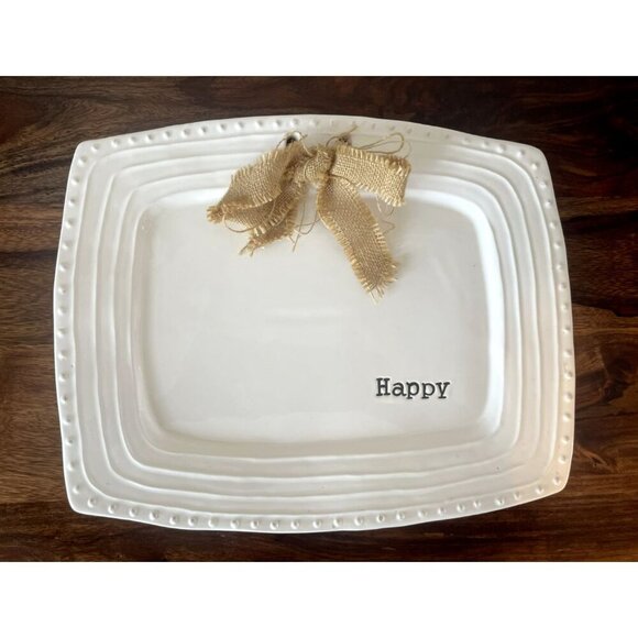 Happy Hostess Serving Platter White "HAPPY" with burlap bow decor gift party NEW - Picture 1 of 3